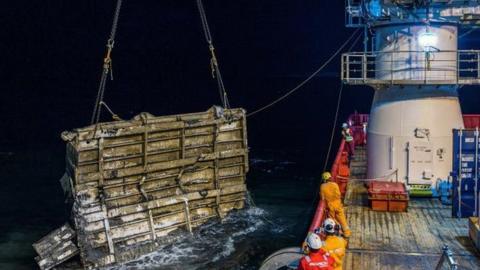 The bow ramp from the wreck 'Estonia' is being salvaged during a survey operation by the ship 'Viking Reach', on the shipwreck's site in the Baltic Sea, 25 July 2023