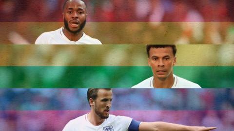 Raheem Sterling, Dele Alli and Harry Kane on an LGBT flag