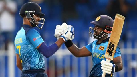 Dasun Shanaka and Charith Asalanka of Sri Lanka celebrate