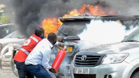 Vehicles on fire in Kampala, Uganda