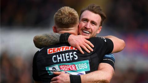 Stuart Hogg celebrates Exeter's win over Bath