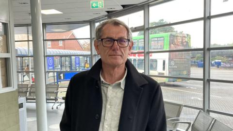 Councillor Cliff Waterman inside the bus station at Bury St Edmunds