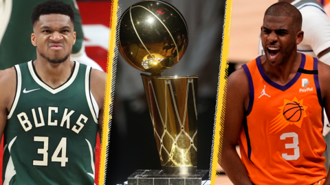 Giannis Antetokounmpo (left) and Chris Paul (right) next to the Larry O'Brien trophy