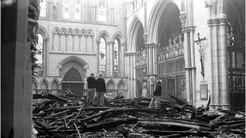 Firefighters in York Minster in 1984