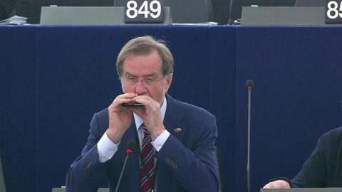 MEP Lojze Peterle plays harmonica in the European Parliament