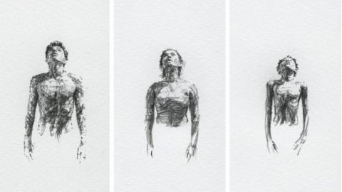 Three separate black and white drawings of human bodies