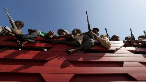 Troops ride in trucks to face soldiers loyal to the Tigray People's Liberation Front