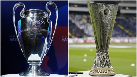 Champions League trophy and Uefa trophy