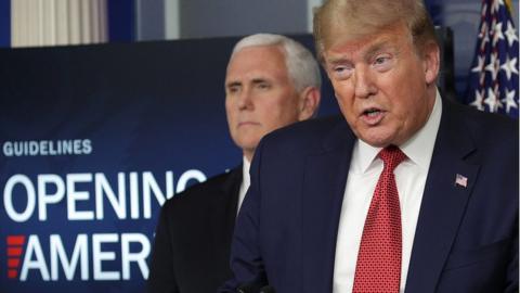 President Donald Trump and Vice-President Mike Pence during the daily briefing of the White House Coronavirus Task Force, April 16, 2020