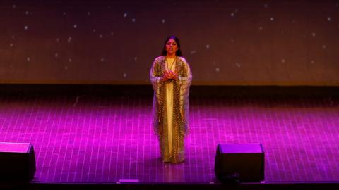 A woman participates in an opera performance at a university in Riyadh, Saudi Arabia February 24, 2018.