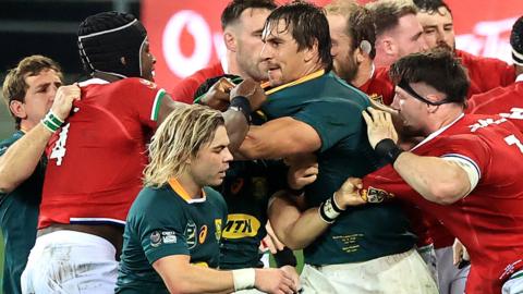 South Africa and British and Irish Lions players involved in a scuffle