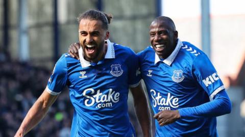 Dominic Calvert-Lewin and Abdoulaye Doucoure celebrate the former's goal against Burnley in the Premier League