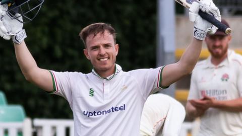 Ben Slater celebrates his century for Leicestershire