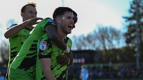 Forest Green's Charlie McCann celebrates his winning goal against Tranmere