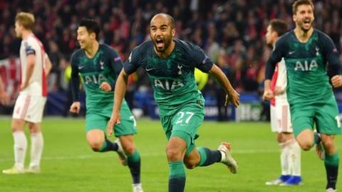 Lucas Moura celebrates scoring for Tottenham against Ajax in the Champions League