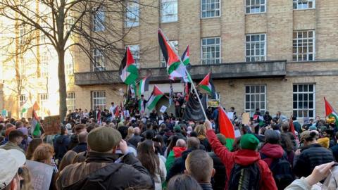 Pro-Palestinian protesters at 鶹ҳ headquarters in Belfast