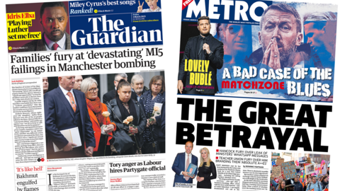 The headline in The Guardian reads: Families' fury at 'devastating' MI5 failings in Manchester bombing while the headline in the Metro reads: The Great Betrayal.