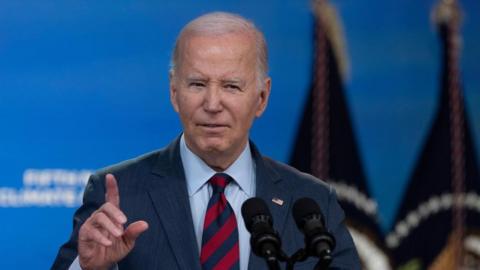 US President Joe Biden makes remarks on his Administration's actions to address the climate crisis in the South Court Auditorium in Washington, DC, USA