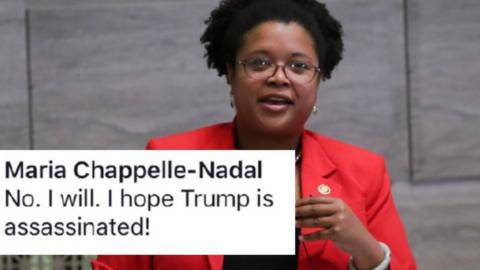 Image shows a standing Maria Chappelle-Nadal wearing a red jacket with the comment which reads 'No. I will. I hope Trump is assassinated!'