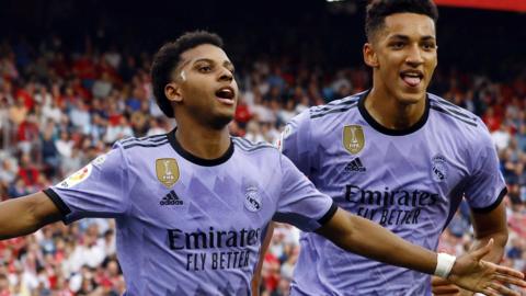 Rodrygo celebrates after scoring for Real Madrid