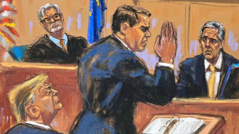 Court sketch of Michael Cohen and Donald Trump