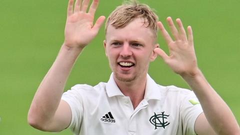 Nottinghamshire bowler Lyndon James celebrates a wicket