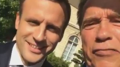 Arnold Schwarzenegger posted a short video on Twitter of him and French President Emmanuel Macron