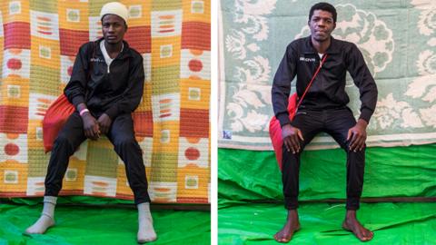 Two refugees pose for portraits