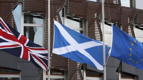 Union flag, saltire and EU flag