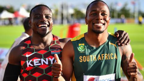 Ferdinand Omanyala and Akani Simbine at the African Athletics Championships in Mauritius