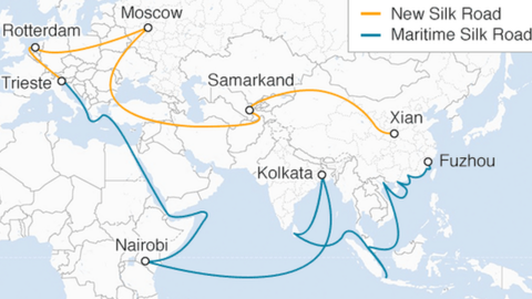 A map shows the overland and sea routes from China to Europe - the overland routes stretches from Xian in China's east, to Samarkand, Moscow, and Rotterdam; the sea route from Fuzhou port to Kolkata in India and Nairobi in Africa before reaching Italy