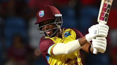 West Indies batter Shai Hope plays a shot