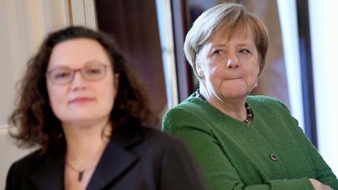 January 10, 2019, German Chancellor Angela Merkel (R) and the leader of the Social Democratic Party Andrea Nahles
