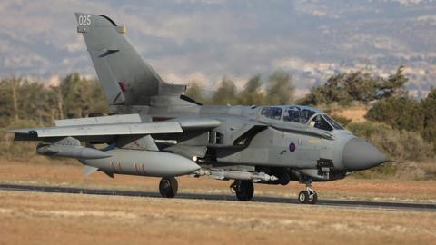 An RAF Tornado returns to RAF Akrotiri, Cyprus in 2015 on first sortie following the decision by the UK government to approve air strikes in Syria. The RAF sent two further Tornado aircraft and six Typhoons to bolster aircraft flying sorties to both Iraq and Syria.