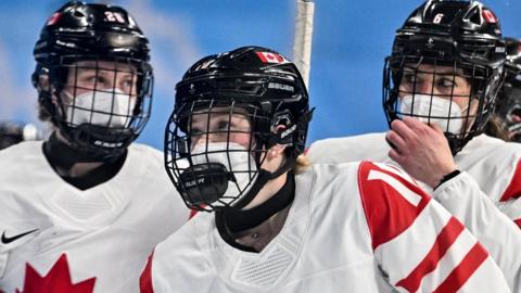 Canada's women's hockey team wore facemasks during their game with the Russian Olympic Committee after the ROC's Covid-19 test results were not returned prior to the match.