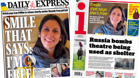 The release of Nazanin Zaghari-Ratcliffe and the bombardment of Mariupol lead the papers