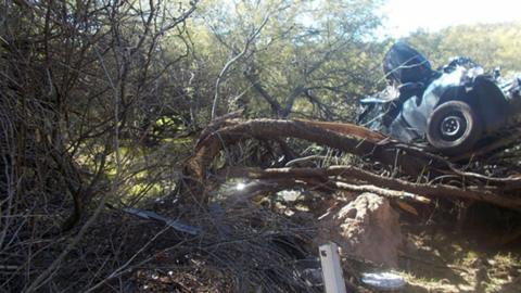 Image shows car crushed and stuck in the tree