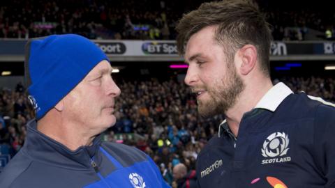 Scotland coach Vern Cotter enjoys the win with Ryan Wilson