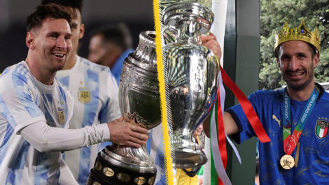 Lionel Messi with the Copa America and Giorgio Chiellini with the Euros trophy