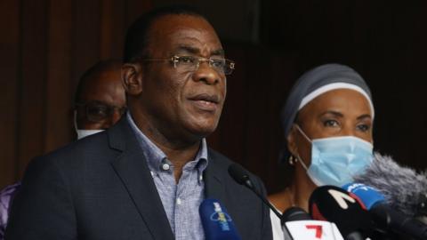 Presidential candidate of the Ivorian Popular Front (FPI), former Prime Minister Pascal Affi N"Guessan addresses journalists during a press conference of the coalition of the Ivorian opposition, in Abidjan, Ivory Coast, 01 November 2020