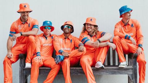 Netherlands team pose in Cricket World Cup kit