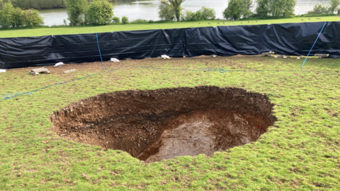 The hole that has opened up in the ground near Little Missenden, Buckinghamshire