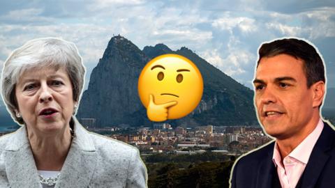 Image of prime minister Theresa May, Spanish prime minister Pedro Sanchez, and the rock of Gibraltar