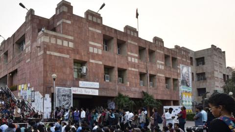 NU students protest against the arrest of JNUSU President Kanhaiya at JNU campus, on February 29, 2016 in Delhi, India