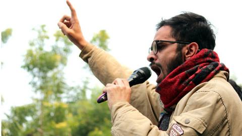 tudent leader Umar Khalid address the crowd during the protest against the government's Citizenship Amendment Bill (CAB) and National Register of Citizens (NRC) at Jantar Mantar in New Delhi on December 24, 2019.