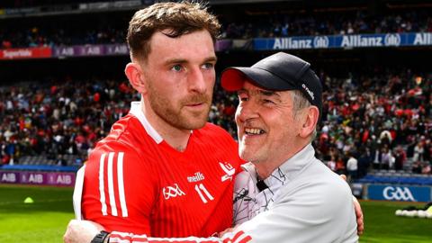 Mickey Harte celebrates with Louth forward Sam Mulroy after the Wee County secured a Leinster Final meeting with Dublin by beating Offaly after extra-time