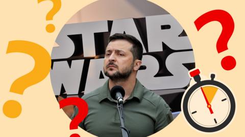 Graphic depicting Ukrainian President Volodymyr Zelensky over a Star Wars logo