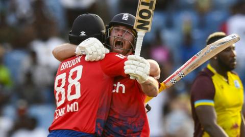 England batter Phil Salt embraces team-mate Harry Brook after T20 victory over West Indies