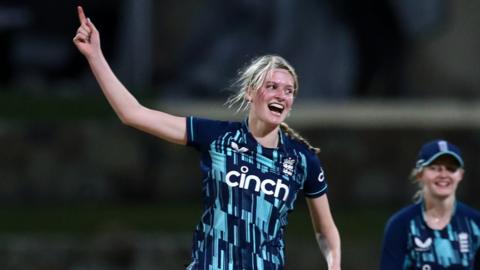 Lauren Bell celebrating a wicket v West Indies