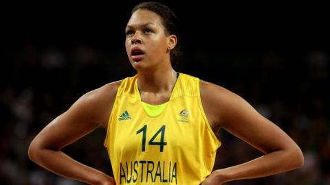 Liz Cambage wearing the Australian uniform at a Rio Olympics game